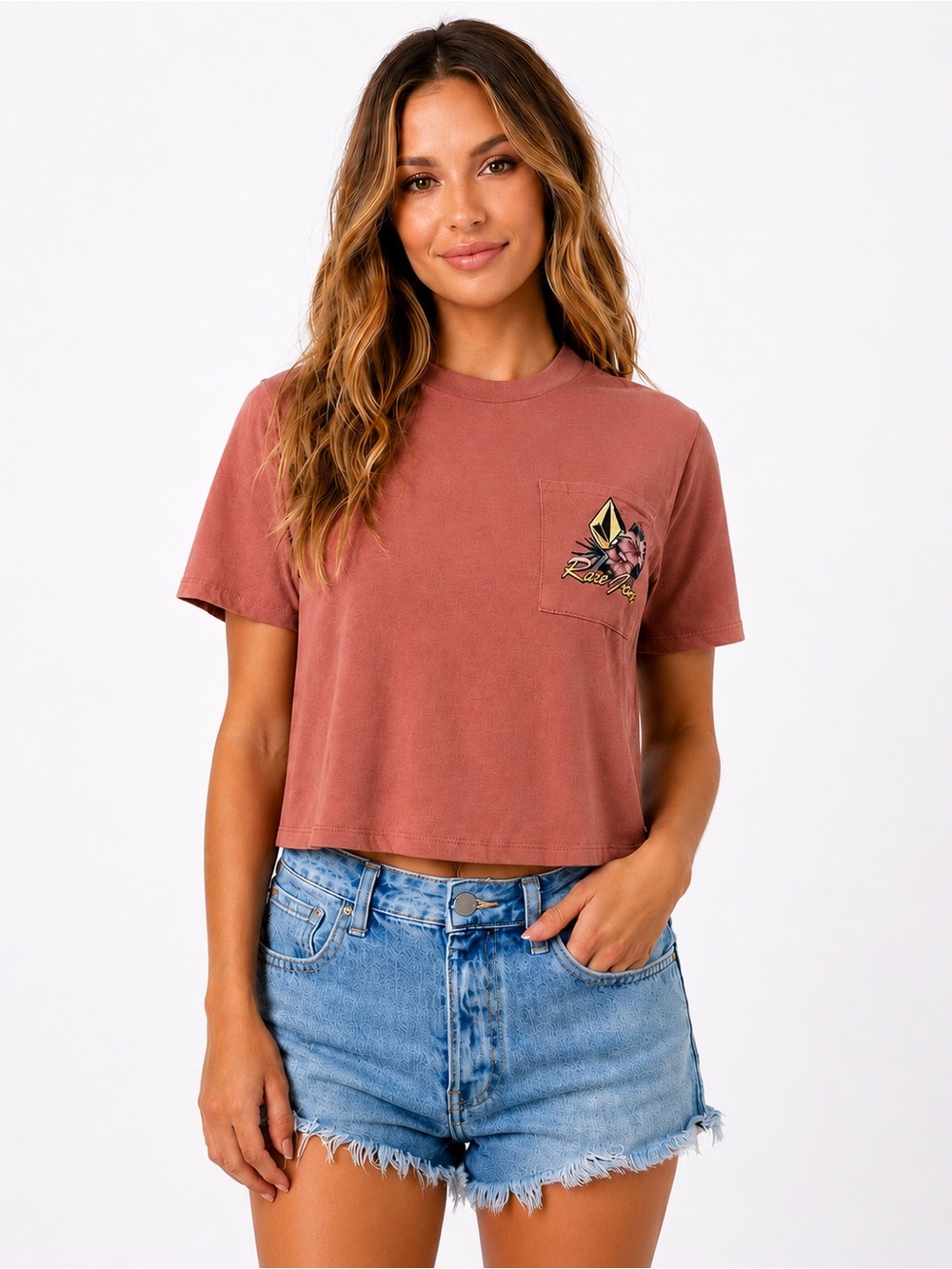 Volcom x Ron Jon Tropical Pocket Tee 🌺Dusty Rose / Coral Relaxed Fit Size Small
